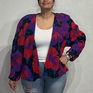 Chacok Blue Floral Wool Blend Vintage Open Front Cardigan Sz L